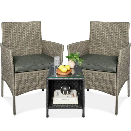Best Choice Products 3-Piece Outdoor Wicker Conversation Patio Bistro Set, w/ 2 Chairs, Table Taupe/Slate Green {1}