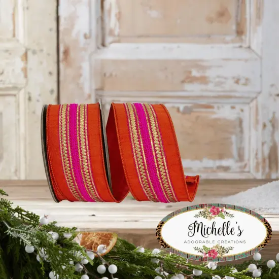 2.5" Regal Stripe Trimming Dupioni Ribbon: Copper/Pink (5 Yards) {4}