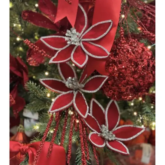 24" Triple Velvet Jewel Poinsettia Stem: Red {5}