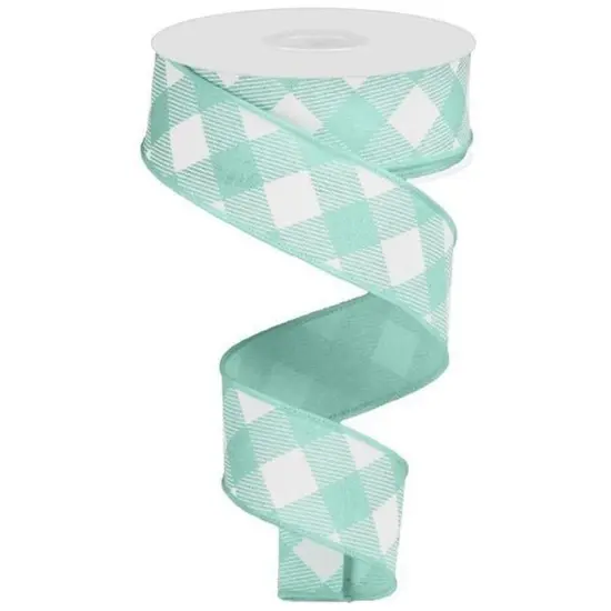 1.5" Diagonal Check On Royal Ribbon: Mint Green & White (10 Yards) {1}