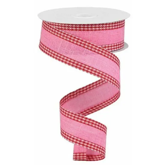 1.5" Royal Burlap Gingham Edge Ribbon: Pink/Red (10 Yards) {1}