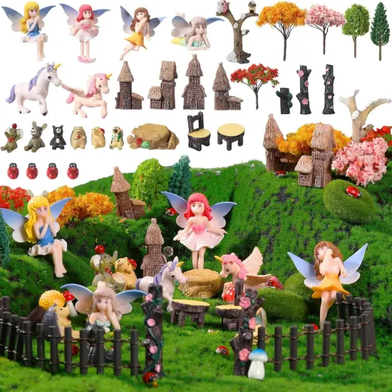 58 Pcs Miniature Garden Set Flower Angel Fairy House Animals Trees Diorama Supplies Fairy Village Mini Terrarium Figurines Micro Landscape Ornaments {1}