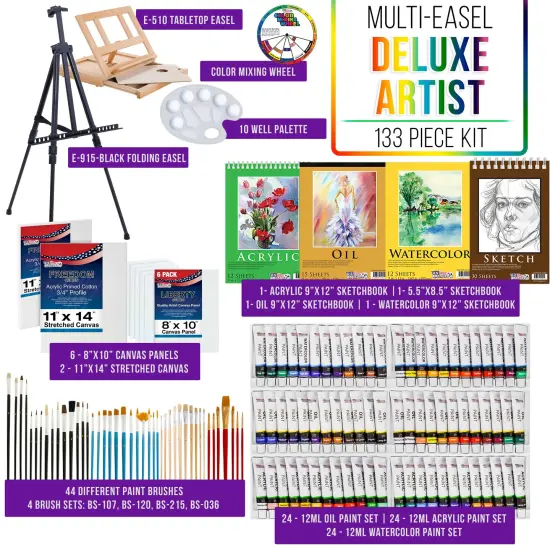 U.S. Art Supply 133-Piece Deluxe Artist Painting Set with Aluminum & Wood Easels, 72 Paint Colors, 24 Acrylic 24 Oil 24 Watercolor, 8 Canvases, Sketch {2}
