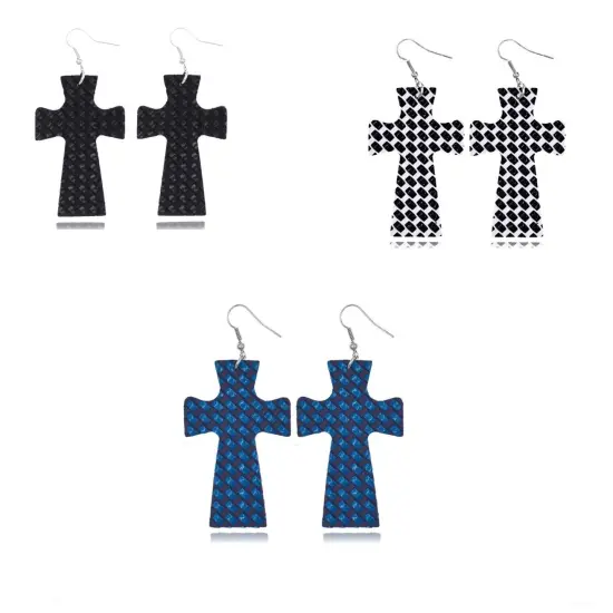 Glitter Marble Cross PU Leather Boho Dangle Earrings Blue {3}