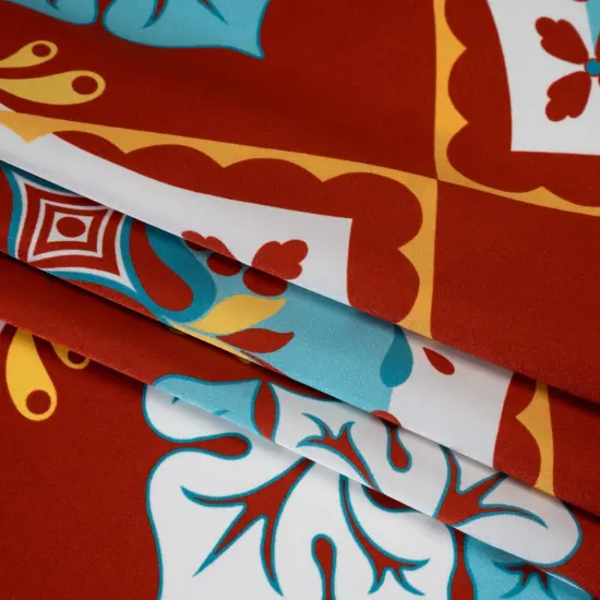 1 Yard Turquoise, Rust Red & Golden Yellow Fancy Floral Tiles Silk Charmeuse 16MM, 53" Wide {3}
