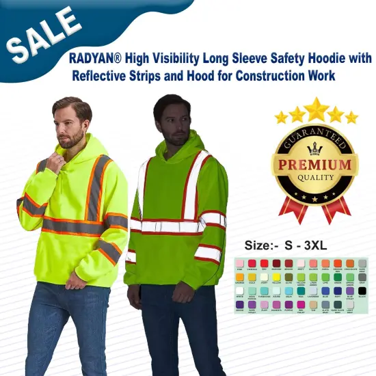 RADYAN&reg; High Visibility Long Sleeve Safety Hoodie with Reflective Strips and Hood for Construction Work {2}