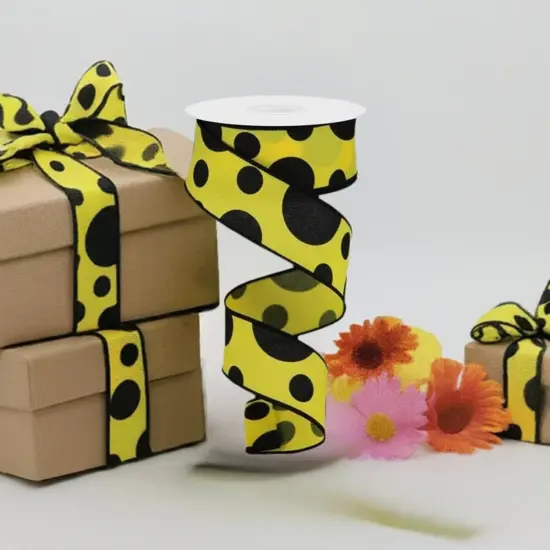 1.5" Giant Three Size Polka Dot Ribbon: Yellow & Black (10 Yards) {2}