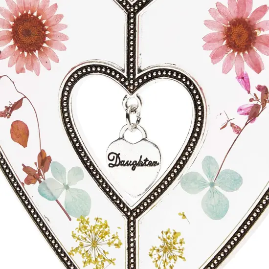 Metal Hanging Heart Suncatcher with Pressed Flowers for Window and Home Decor, 4.5 x 8.25 in. Pink {3}