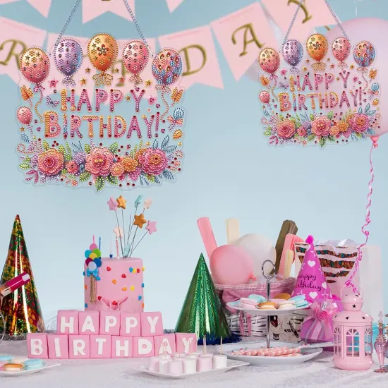 Birthday Party Diamond Art Painting Acrylic Hanging Kit for Adults, DIY Double Sided Special Shaped Diamonds Art Window Pendant Ornament(Happy Birthday) {4}