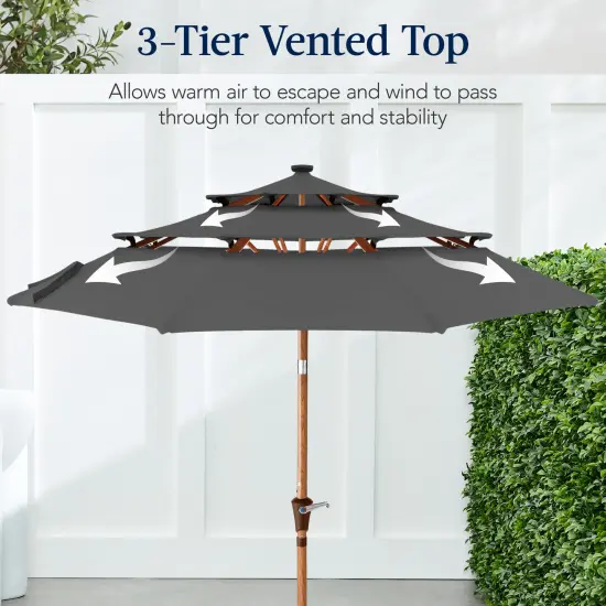 Best Choice Products Woodgrain Pattern 10ft 3-Tier Solar Patio Umbrella w/ 24 LED Lights, Tilt Gray {4}