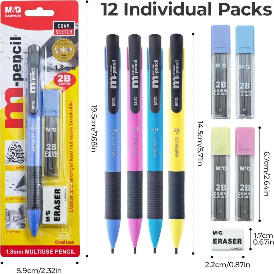 Mechanical Pencils Set 1.8mm, 2B Pencil Lead, 12 Pencils, School Supplies, Teacher Supplies, Drawing Pencils, Sketching Pencils, 12 Tube Lead Refill Set, 12 Erasers for Drafting Drawing Sketching {4}