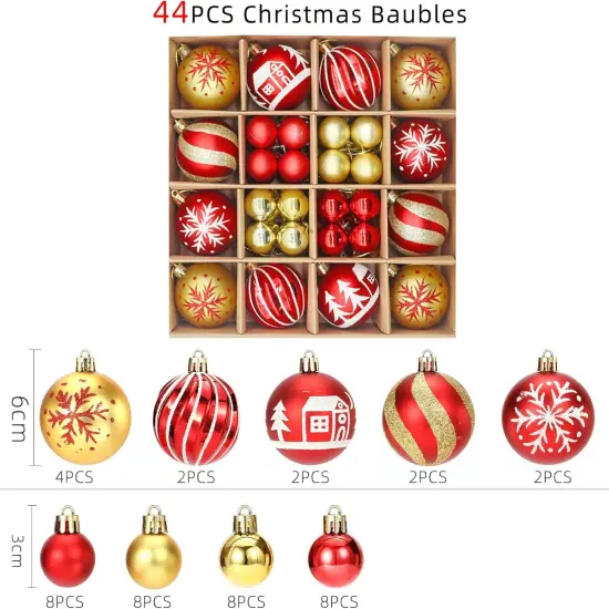 Christmas Tree Ornaments Set，Champagne Gold/Red Christmas Ball Ornaments Set of 44 Pack Decorative Hanging Ball Ornaments Bulk for Xmas Holiday Party Indoor Decor {4}