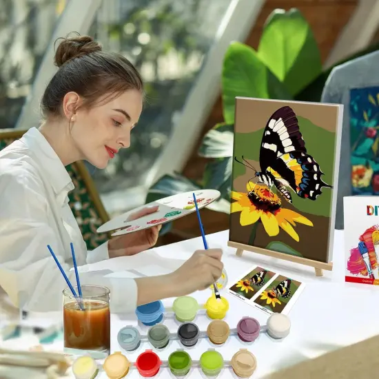Framed Paint by Numbers Kit for Adults, Butterfly Paint by Numbers Kit for Adults with Easel, DIY Flower Butterfly Paint by Number with Frame, Adult Paint by Number Kits on Canvas 8x12 Inch {3}