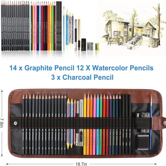 Sketching Pencil Set Drawing Pen Charcoal Sketch Kit Cover Graphite Charcoal Watercolor Pencils Paper Erasable Pen Beginners Artist Children and Adults(39pcs Art Supplies) {5}