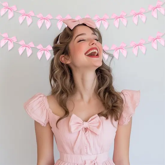2pcs Pink Bow Garland Banner, Pink Ribbon Bow Party Decorations for Baby Shower Girls Bow Coquette Birthday Party Decor {4}