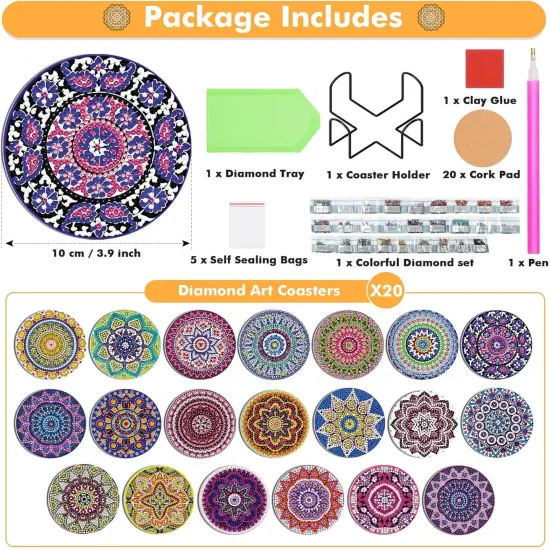 20 Pieces Diamond Art Painting Coasters Kit with Holder, Diamond Art Coasters, DIY Diamond Art Crafts Projects, Diamond Art Kits for Adults and Beginners(Mandala Style) {2}