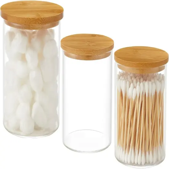 3 Pack Glass Qtip Holder Dispenser, 20 oz and 11 oz Clear Glass Apothecary Jars, Bathroom Vanity Canisters Organizer Jars for Cotton Swabs, Balls, Rounds, Pads, Floss, Bath Salts {1}