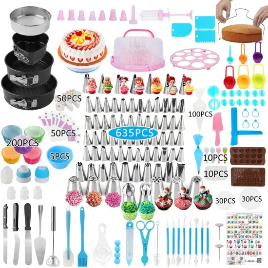 Cake Decorating Kit,635 Pcs Decorating Supplies With 3 Springform Pan Sets Icing Nozzles Rotating Turntable Cake Topper Piping Bags Carrier Holder,Cake Baking Set Tools {1}