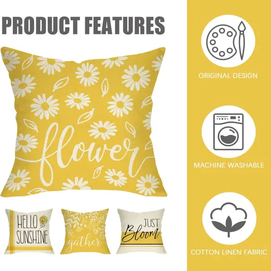 Hello Sunshine Decorative Throw Pillow Cover 20 x 20 Set of 4, Spring Summer Yellow Daisy Floral Flower Porch Patio Outdoor Pillowcase, Just Bloom Gather Sofa Couch Cushion Case {2}