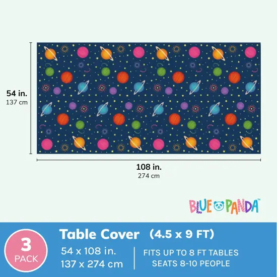 3 Pack Plastic Outer Space Tablecloths, Disposable Planets Table Covers for Galaxy Birthday Party Decorations (54 x 108 In) Blue {3}