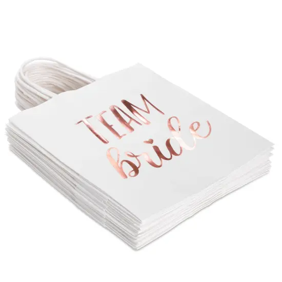 15-Pack Team Bride Gift Bags with White Tissue Paper for Bridesmaid Proposal, Bridal Shower, Wedding Party Favor Bags with Handles, (Rose Gold Foil, White, 8x4x9 in) Pink {7}