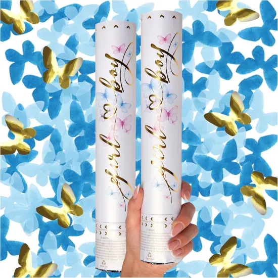 Gender Reveal Confetti Cannon - Butterfly Shaped Confetti Poppers - Blue 2 Pack - Baby Boy Gender Reveal Party Poppers Party Cannons Shooter Blaster {1}