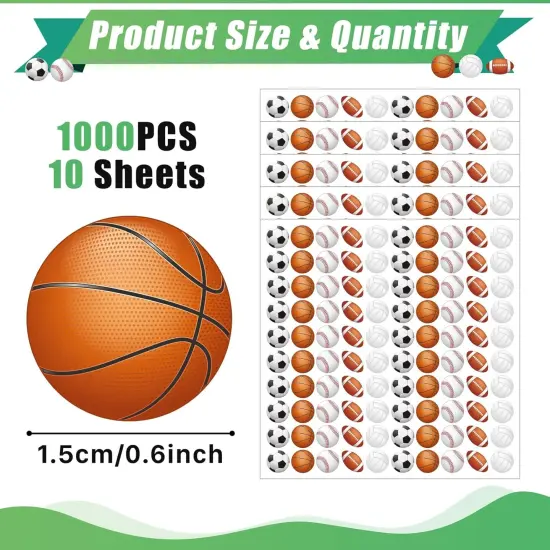 Mini 1000 Pcs Sports Ball Stickers for Kids Soccer, Football, Baseball, Basketball, Volleyball Stickers for Kids Ball Themed Party Birthday Classroom Decorations {2}