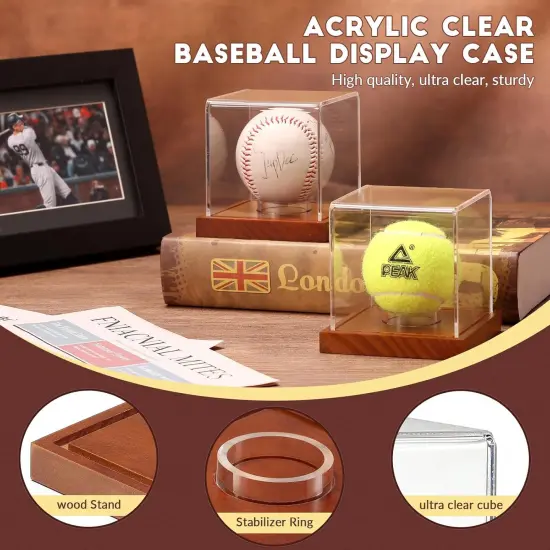 Baseball Display Case - Clear Cube Baseball Holder with Wooden Base, Autograph Stand Box for Single Ball, Acacia Wood, Brown, 1 Pack {3}