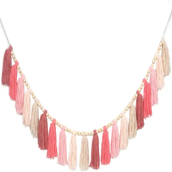 Pink Yarn Tassel Garland Boho Preppy Wall Hanging Decor Bunting Banner Tassels with Wood Bead for Nursery Classroom Office Birthday Party Baby Shower Kids Girls Dorm Bedroom Decorations {1}