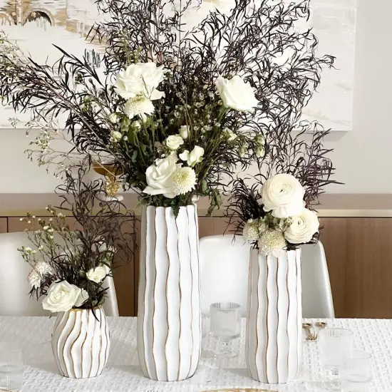 White Porcelain Tall Vase with Gold Wavy Design By Kinor Decor {4}