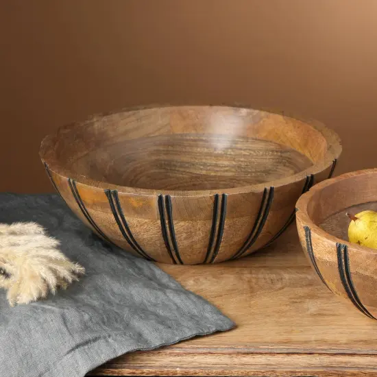 Handcrafted Large Wood Bowl with Black Vertical Lines {3}