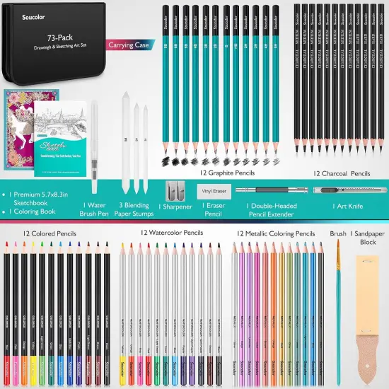 73 Pack Art Supplies Sketching Kit for Adults Kids Teen Gifts, School Supplies, Drawing Sketching Pencils with Sketchbook, Coloring Book, Colored Watercolor Metallic Graphite Charcoal Pencils {2}