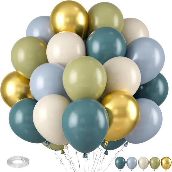 Dusty Blue Green Balloon, Sage Green and Retro Blue Balloons, Sand White Green Metallic Gold Sea Blue Balloons for Women Men Boho Birthday Wedding Baby Shower Jungle Safari Wild Party Decorations {1}