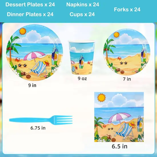Beach Party Summer Tableware Supplies, Beach Plates and Napkins Set, Disposable Beach Plates, Cups, Napkins and Cutlery {2}