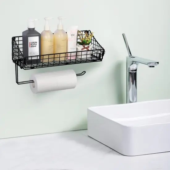 2PCS Black Multi-Functional Wall-Mounted Metal Basket Organizer with Foldable Paper Towel Holder &ndash; Space-Saving Storage Shelf for Kitchen, Bathroom, Bedroom & Hallway {6}