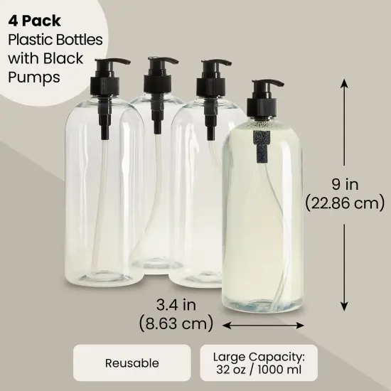 Okuna Outpost 34 oz Pump Bottles for Shampoo and Conditioner, 4 Pack Refillable Empty Shampoo Bottles, No-Spill, Clear Large Soap Dispenser with Black Pumps, Use for Hand Soap, Body Wash, Lotion {2}