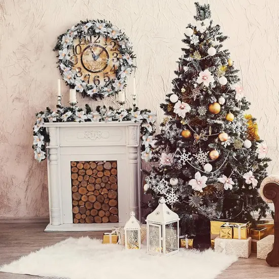 2 Pcs Prelit Poinsettia Winter Christmas Garland with String Lights {4}