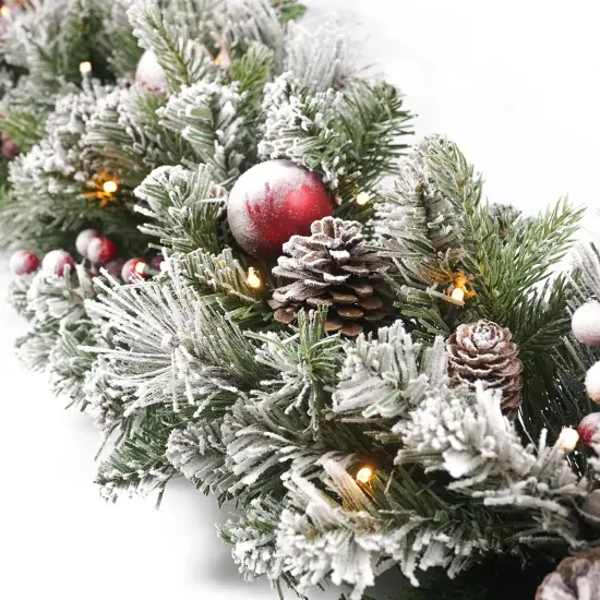 Christmas Garland Flocked 9ft with 50 Lights, Christmas Decor with Pine Cone Red Balls {2}