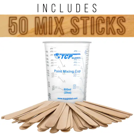 TCP Global 20 Ounce (600ml) Disposable Flexible Clear Graduated Plastic Mixing Cups - Box of 50 Cups & 50 Mixing Sticks - Use for Paint, Resin, Epoxy {5}