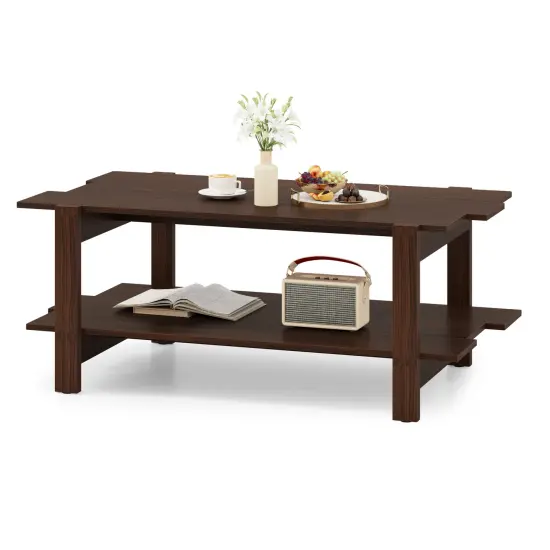 Walnut Engineered Wood 2-Tier Coffee Table with Slatted Shelf {5}