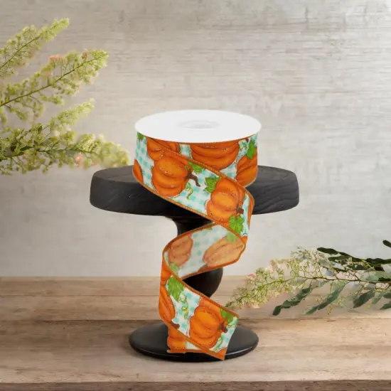 1.5" Pumpkin Patch Ribbon: Turquoise Check (10 Yards) {3}