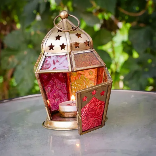 In the Breeze 9208 &mdash; Pink & Yellow Hex Tealight Lantern &mdash; Moroccan-Style Boho Chic Tealight Glass and Metal Tabletop Lantern {2}