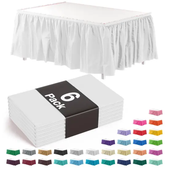 Ruffle Disposable Table Skirt 14 Ft Long Pleated Table Skirts with Adhesive Strip &ndash; Fits 6ft+ Rectangle or Round Tables &ndash; Ideal for Birthday Parties, Gender Reveal, Baby Showers & Event Decorations 6 pack by Exquisite White {1}