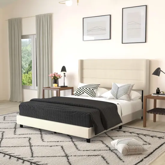 Merrick Lane Percy Modern Platform Bed with Padded Channel Stitched Upholstered Wingback Headboard and Underbed Clearance {1}
