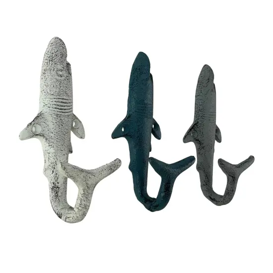 Set of 3 Shark Wall Hooks in Blue, Gray, White &ndash; Perfect for Nautical Themes {3}