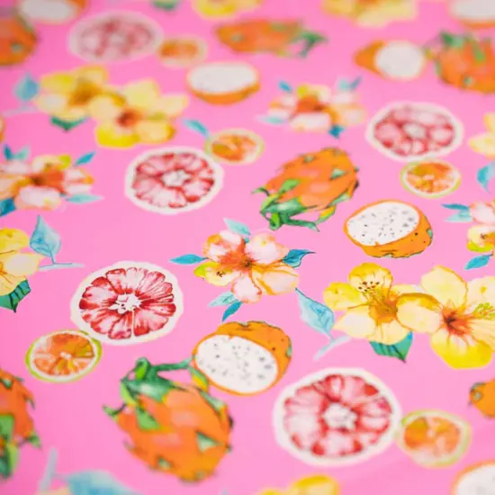 Exotic Fruits and Yellow Hibiscus Flowers on Pink Printed Spandex Fabric {3}