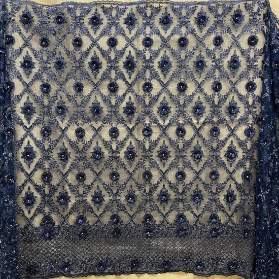 1 Yard Beaded 3D Floral Lace Fabric, Navy Embroidered Mesh, 100% Polyester, 51&rdquo; Wide {7}