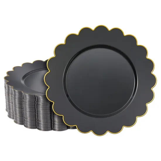 50 Pack Black Plastic Plates, 9 Inch Disposable for Party Supplies, Wedding, Gold Foil Scalloped Edges {1}