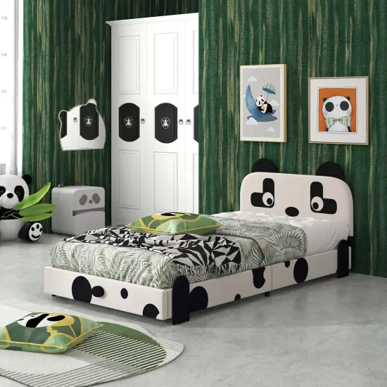 Costway Twin Size Kids Bed Toddler Upholstered Low Profile Bed Frame with Panda Headboard {2}