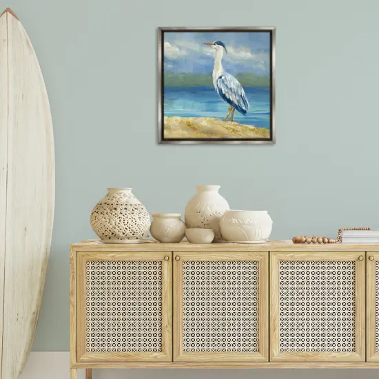 Stupell Industries Heron on Cloudy Beach Framed Floater Canvas Wall Art Design by Lanie Loreth {2}